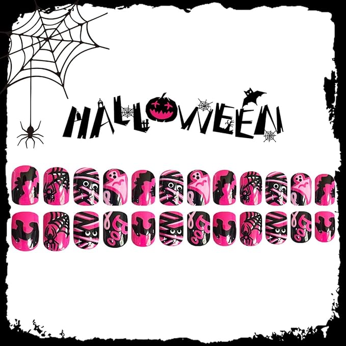 24Pcs Short Square Press on Nails Halloween Fake Nails Black Pink Ribbon Spider Web Cat Bat Design Full Cover Holiday Glue on Nails Horror Ghost False Nails for Women Acrylic Manicure Decorations
