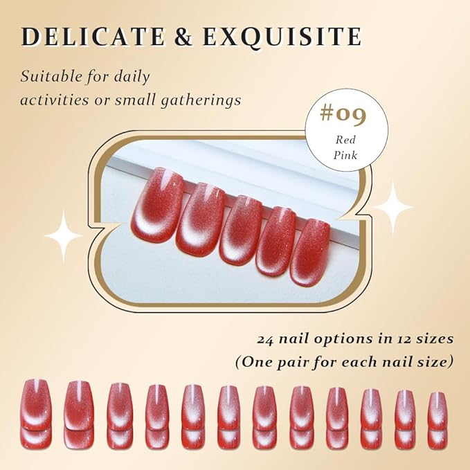 evpct Red Pink Cat Eye Coffin Press on Nails Square Medium, Medium Square Glue on Nail for Women Gift, Red Pink Metallic Glitter Glossy Reusable Summer Soft Gel Press on Acrylic Fake Nail with Designs