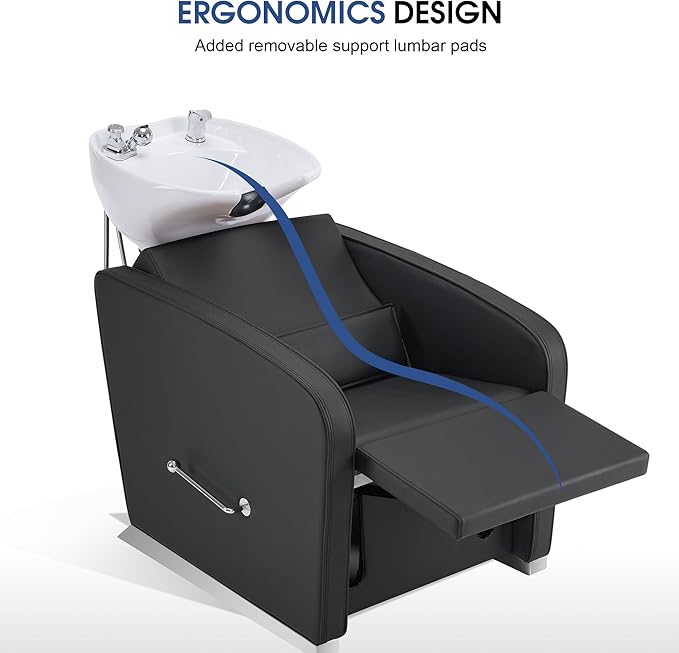 BarberPub Backwash Shampoo Chair and Bowl Set, Adjustable Porcelain Ceramic Hair Wash Bowl Sink Unit, Shampoo Station Chair for Spa Beauty Salon Hair Salon Equipment 9370 (Black&White Bowl)