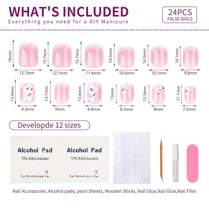 French Press On Nails Short Square White Nude Gradient False Nails Delicately Adorned with White Silver Flowers Reusable Glue On Nails for Women Kit 24Pcs