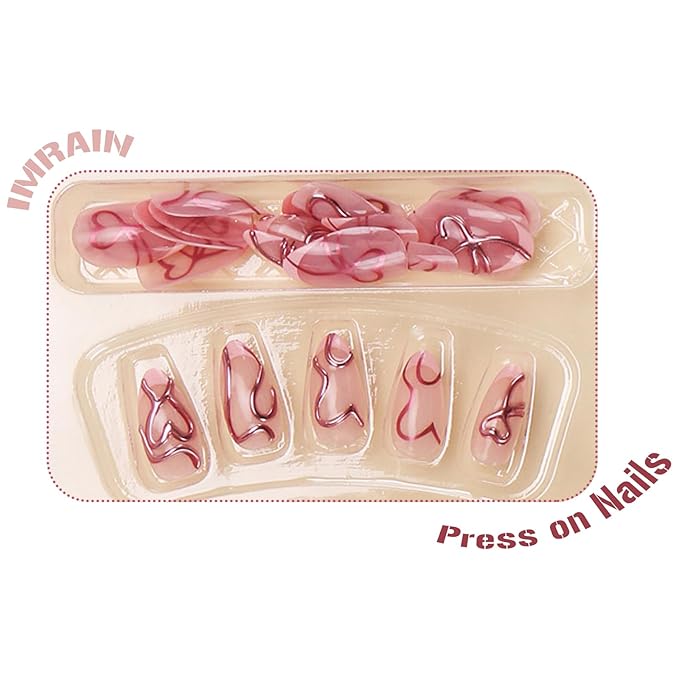 IMRAIN Pink Press on Nails Medium Almond Fake Nails French Tips Acrylic False Nails with 3D Heart Line Designs Glossy Glue on Nails Artificial Nail Supplies Full Cover Cute Handmade Stick on Nails