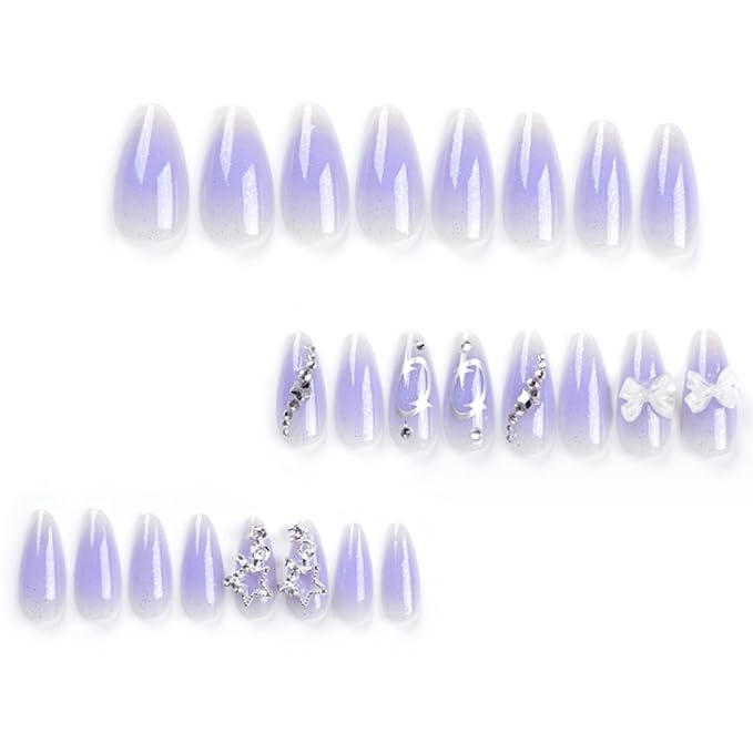 Hkanlre Long Almond Press on Nails Bow Fake Nails Tips Full Cover False Gradient Nails for Women and Girls 24PCS