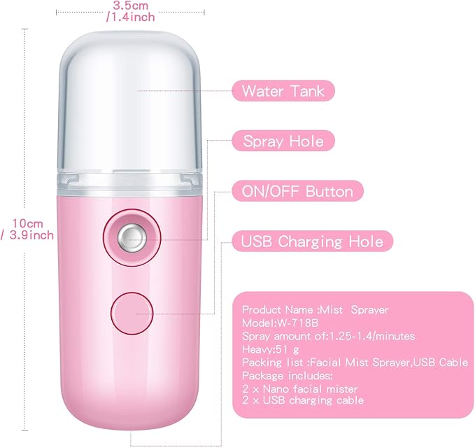 Honoson 2 Nano Facial Mister Sprayer Portable Face Nano Mister for Eyelash Extensions USB Rechargeable 1 oz Handy Skin Care Machine for Face Hydrating, Daily Makeup(Pink)