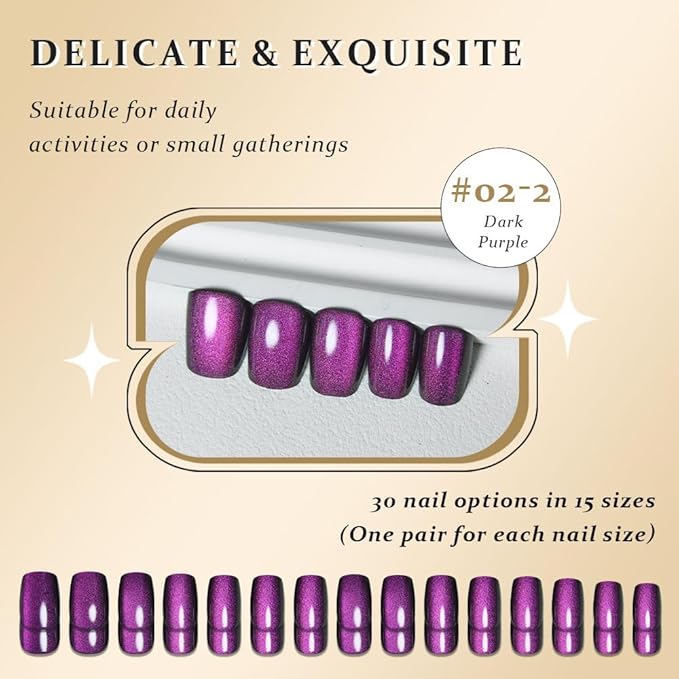 evpct Purple Cat Eye Press on Nails Short Square, Short Square Glue on Fake Nails for Women Gift, Dark Purple Metallic Glitter Glossy Reusable Soft Gel Stick Press on Acrylic False Nail with Designs