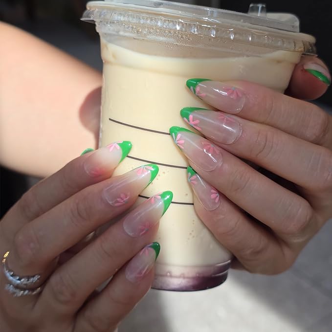 Green French Tip Floral Press On Nails - Handmade Medium Almond Nude Base Salon Quality- Reusable Gel Acrylic Full Set 10pcs - (Blooming Series, Size M)