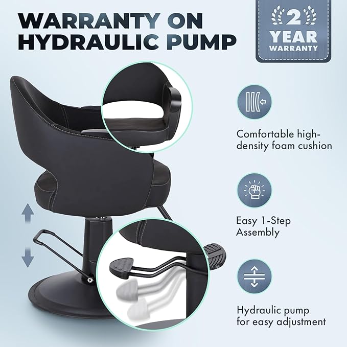 Buy-Rite Luna Noir Styling Chair for Professional Salons & Barbers, Durable Black Metal Armrests, Intricate Stitch Pattern, YLG-356-BLK (Black Standard Base)