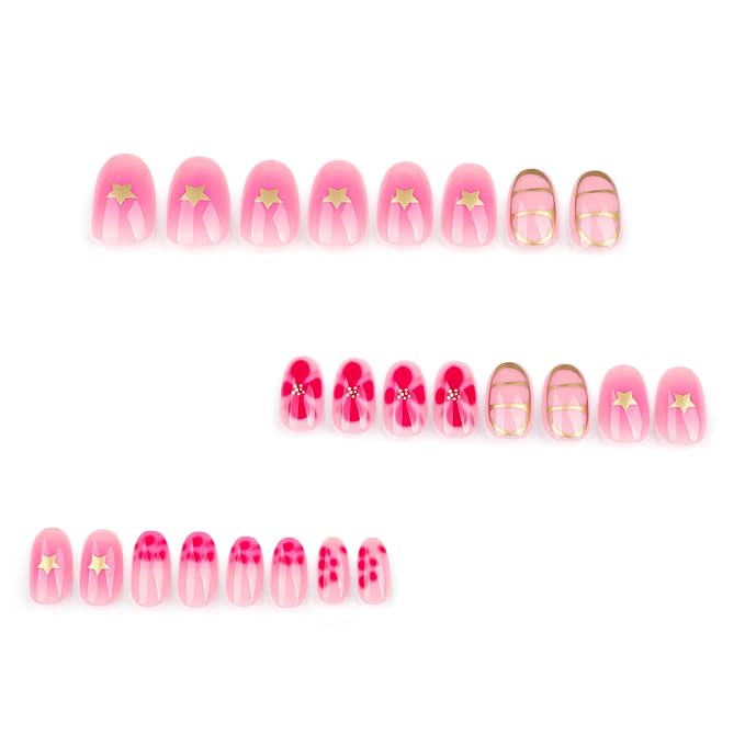 Pink Press On Nails Short Oval, Summer Fall Fake Nails Featuring Petal Designs and Gold Detailing, Glossy Gel Finish Acrylic Nails, Thick Reusable Glue On Nails Kit for Women, Gilded Blossom