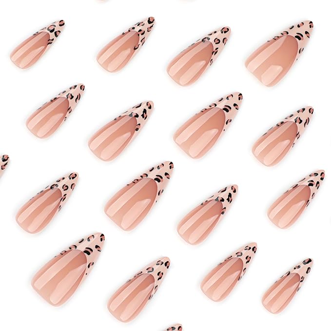 Leopard French Press On Nails 24pcs, Medium Stiletto Nude Fake Nails with Leopard Print Tips, Glossy Acrylic False Nails, Reusable Stick On Nails Kit for Women Girls Manicure