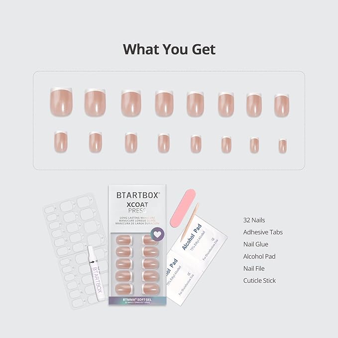 BTArtbox Press On Nails Short - Lamp-Curable Chrome French Tip Square Press On Nails with Glue for Women, Semi-Transparent Soft Gel Glue On Nails in 16 Sizes - 32 Stick On Nails Kit, Evening Attire