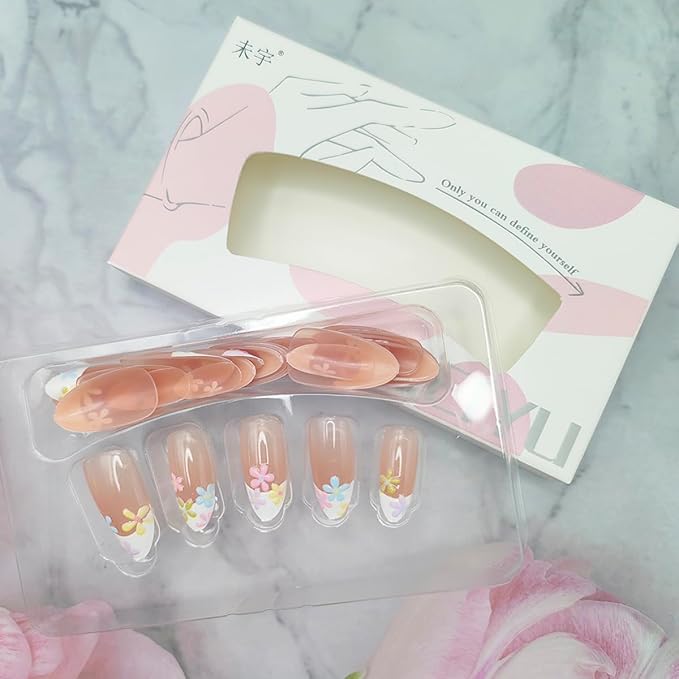 30Pcs White French Tip Press on Nails Medium Almond Fake Nails Nude Pink False Nails with Colorful Flower Designs Glossy Cute Acrylic Nails Full Cover Artificial Nails Summer Stick on Nails for Women