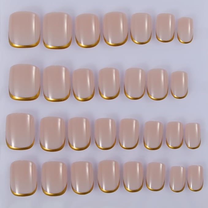 Short Press On Nails Square, Nude Fake Nails with Graceful Golden Curve at the Base, Glossy Gel Finish Acrylic Nails, Natural Reusable Glue On Nails Kit for Women, 15 Sizes - 30Pcs, Graceful Edge