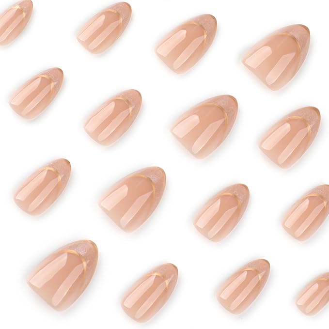 Short Almond Press On Nails – Nude Glitter French Tips with Gold Outline, Glossy Acrylic Fake Nails, Reusable Stick On Nails Kit with Glue for Women, Elegant Shimmery Manicure Set