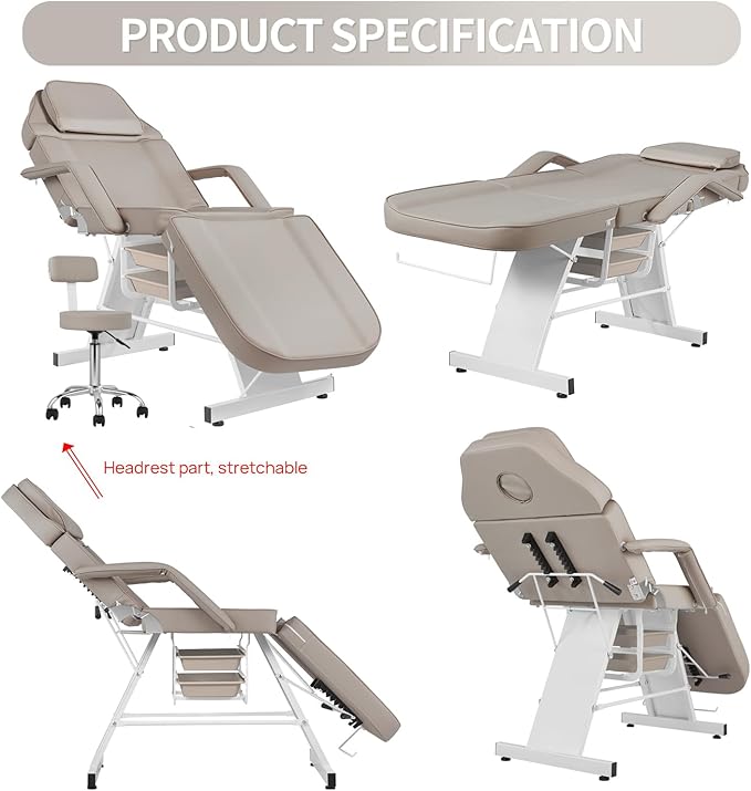 Tattoo Chair for Client Facial Chair Adjustable Multipurpose with Hydraulic Stool for Esthetician Beauty Spa Tattoo Eyelash Equipment Gray