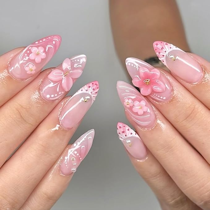24Pcs Pink Press on Nails Almond Medium Fake Nails with 3D Flower Butterfly Design French Tip False Nails Glossy Glue on Nails Full Cover Summer Stick on Nail for Women Manicure Decor
