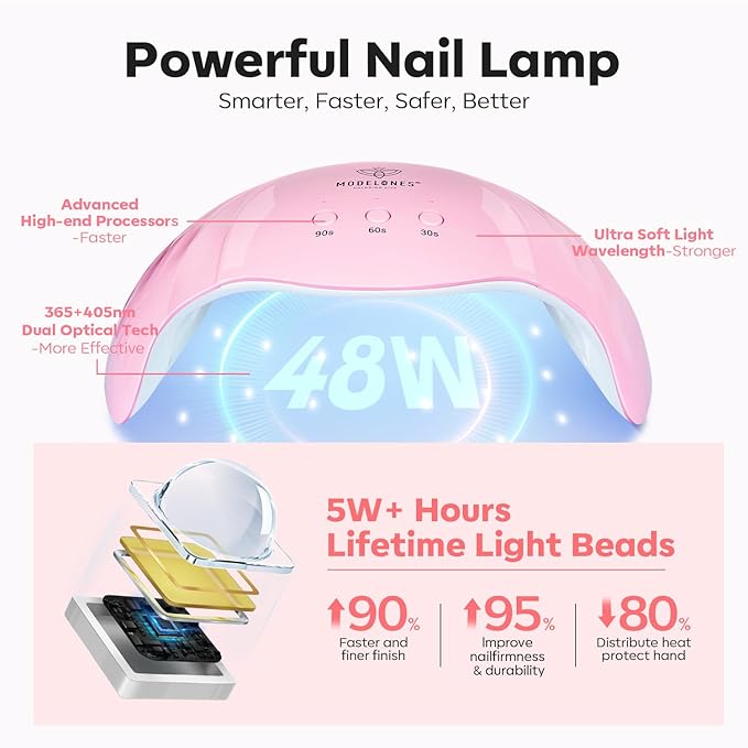 Modelones Poly Extension Gel Nail Kit, 6 Colors Pink Nude with 48W U V/LED Lamp Slip Solution 3D Bow Pearl Charms Decoration Rhinestone Glitter Tools for Manicure Beginner Starter Kit DIY at Home