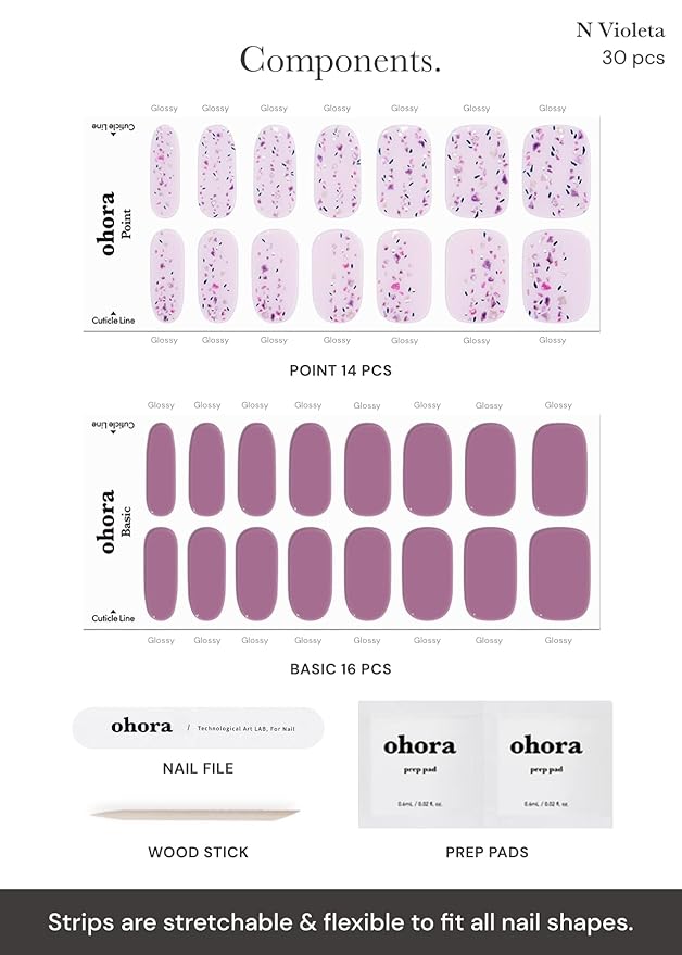 ohora Semi Cured Gel Nail Strips (N Violeta) - Purple, Patterned, Works with Any UV/LED Lamps, Salon-Quality, Long Lasting, Easy to Apply & Remove - Includes 2 Prep Pads, Nail File & Wooden Stick