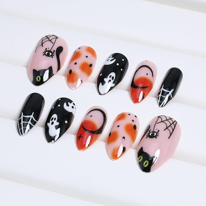 24Pcs Halloween Press on Nails Short Pointed Goth Fake Nails Black Cat with Spider Web Pumpkin Designs Full Cover Glue on Nails Cute Ghost False Nails Horror Glue on Nails for Women Acrylic Manicure