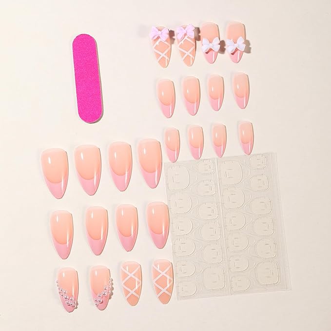 24pcs Press On Nails Medium Almond Pearl Bow Pink Press On Nails White Pearl Valentine French Tip Nails Cute Nails Fake Nail French Fingertips Almond Full Cover Cute Stick on Nail Accessories