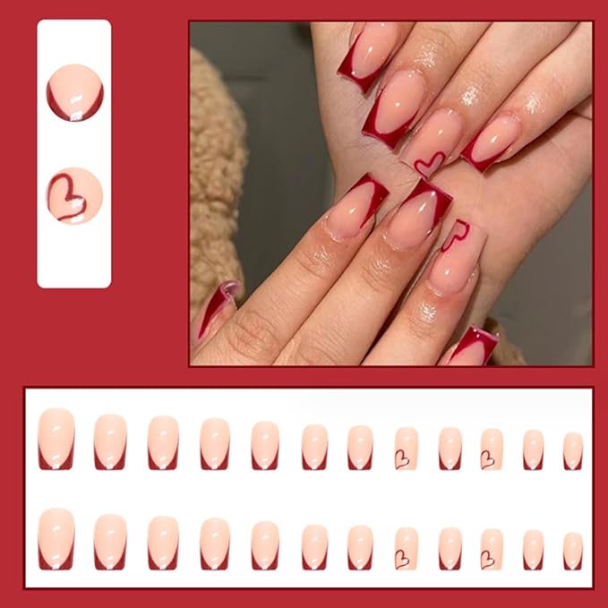 Hkanlre Red Square Press on Nails French Fake Nails Tips Full Cover Heart Medium False Nails for Women and Girls 24PCS
