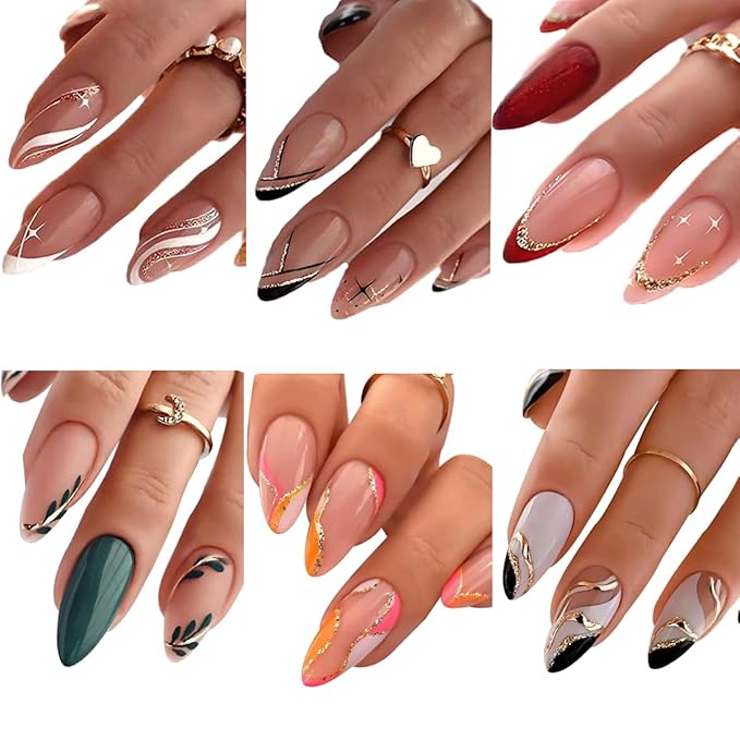 144 Pcs Press on Nails Medium Almond Fake Nails French Tip False Nails with Designs Glitter Glue on Nails Reusable Artificial Nail Full Cover Acrylic Stick on Nail for Women Manicure 6 Packs