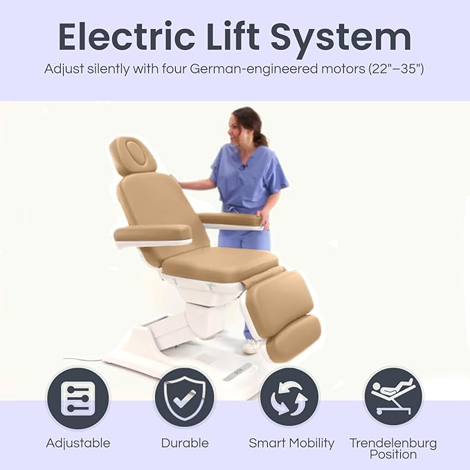 Medical Spa Exam Chair - Electric Massage Table for Spa Facial Solutions - 4-Motor Salon Bed with Remote Control, 2-Year Warranty - Esthetician Equipment for Medical Office - Beige
