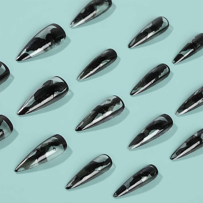 IMRAIN Black French Press-on Nails Long Stiletto Fake Nails Ink Ombre Glossy Glue-on Full Cover Artificial Clear Almond Stick-on for Women 24Pcs Decor Kit