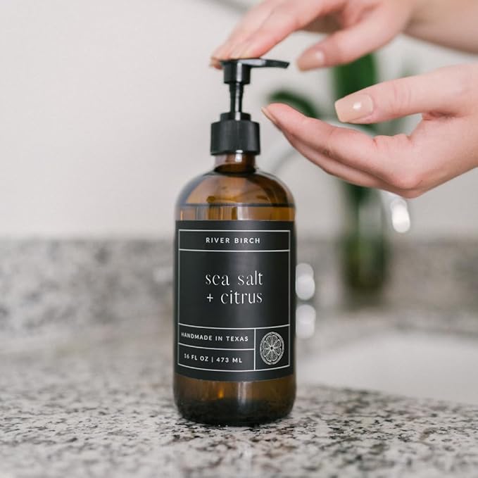 River Birch Sea Salt + Citrus Scented Natural Hand Soap - Handmade Soap - Moisturizing Hand Wash with Amber Glass Dispenser - Luxury Scented and Hydrating - Vegan and Non-Toxic - 16 Fl Oz