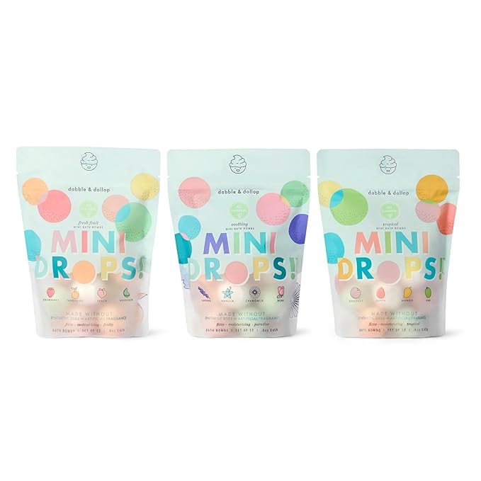 Dabble & Dollop Mini Bath Bombs, 100% Natural Droplets for Kids, Variety Pack - Resealable Pouches, Fizzy, Moisturizing & Fun, Vegan, Gluten-Free, Cruelty-Free (Set of 36)