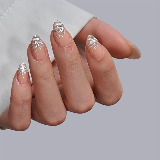 BTArtbox French Tip Press On Nails - Lamp-Curable 3D Sculpting Short Almond Press On Nails with Glue for Women, Semi-Transparent Soft Gel Glue On Nails in 16 Sizes - 32 Stick On Nails Kit, Exquiste