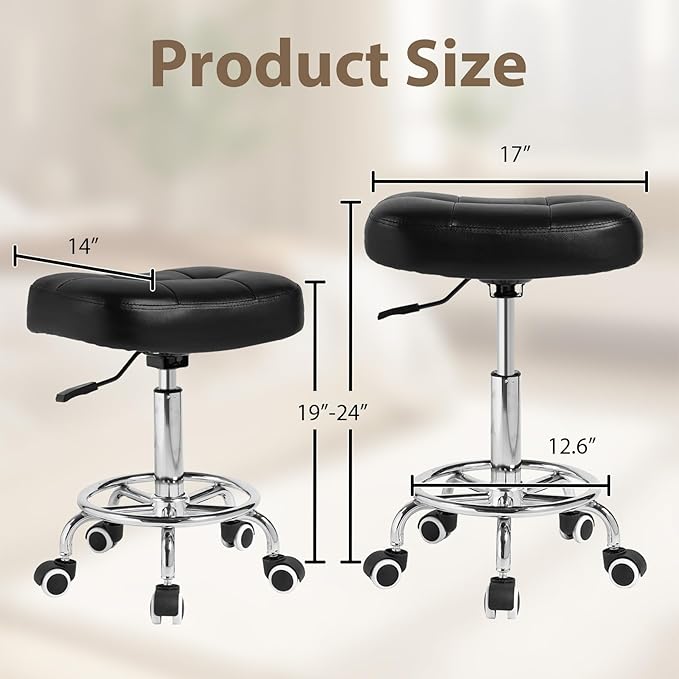 Rolling Stool Wider Rectangular Cushion-Provides a Comfortable, Stable Support Surface with Loop Footrest for Leg Support,Adjustable Stool with Wheels for Salon Tattoo Massage Office Home (Black)