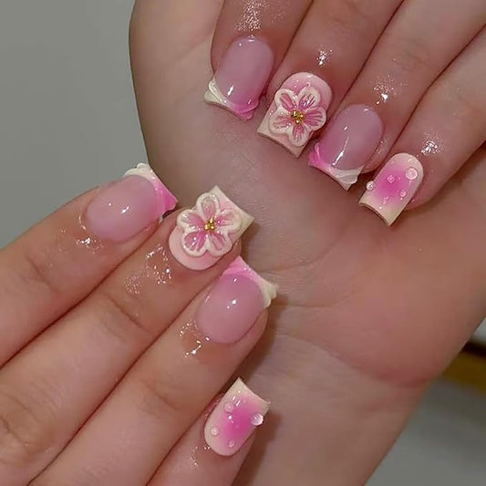 24Pcs Short Square Press on Nails Pink Gradient French Tip Fake Nails with 3D Flower Water Ripple Design Glue on Nails Glossy Acrylic Nails Summer Full Cover Stick on Nails for Women Girls Daily Wear
