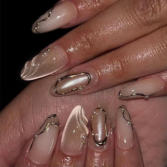 Press on Nails Almond Fake Nails Cat Eye False Nails with Gold Line Design Nude Glue on Nails Press ons Medium 3D Acrylic Nail Glossy Full Cover Stick on Nail for Women Manicure 24Pcs