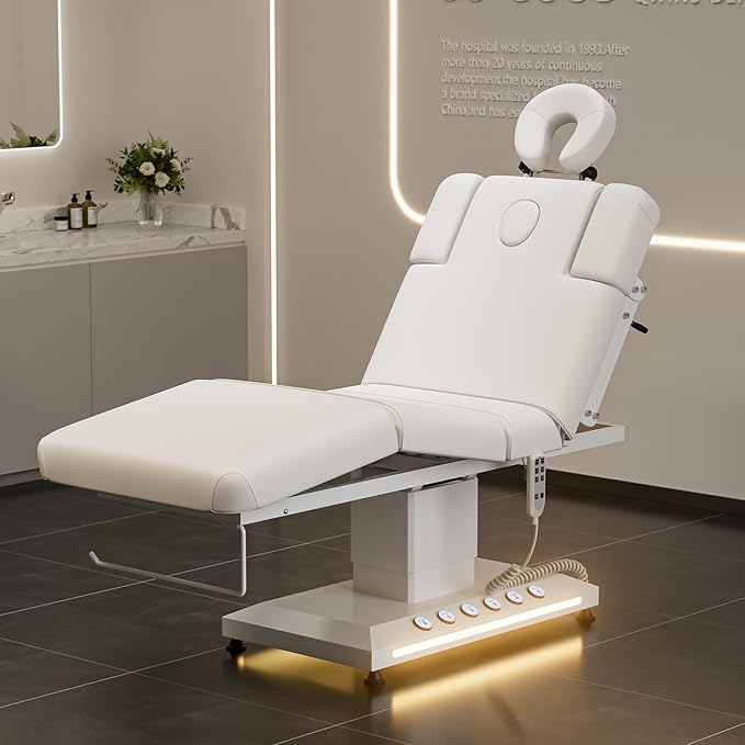 Icoget Professional Full Electric Spa Massage Treatment Table, Medical Bed with Independent Leg Adjustment, Facial Bed with Face Cradle for Beauty, White