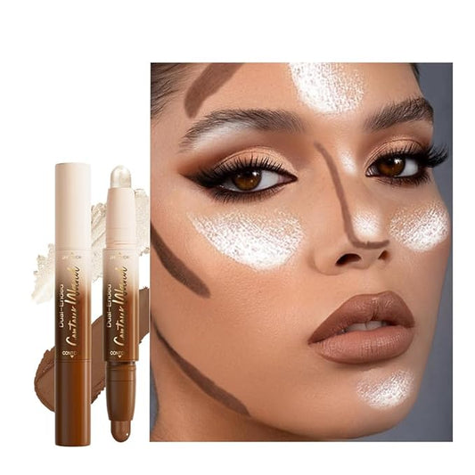 2in1 Cream Contour Highlighter Stick, Neutral Bronzer Makeup Sticks, Applies Dual-Ended Sculpting Stick for Face Body, Long Lasting No Smudging, Suitable for Makeup Beginners-Universal