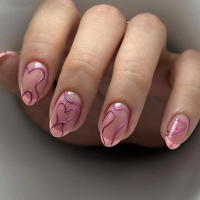 IMRAIN Pink Press on Nails Medium Almond Fake Nails French Tips Acrylic False Nails with 3D Heart Line Designs Glossy Glue on Nails Artificial Nail Supplies Full Cover Cute Handmade Stick on Nails