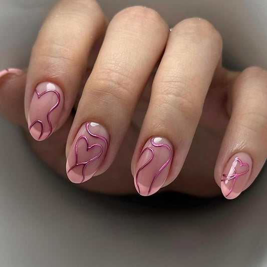 IMRAIN Pink Press on Nails Medium Almond Fake Nails French Tips Acrylic False Nails with 3D Heart Line Designs Glossy Glue on Nails Artificial Nail Supplies Full Cover Cute Handmade Stick on Nails