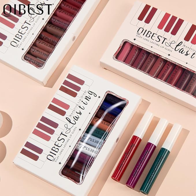 QiBest 12Pcs Velvet Matte Liquid Lipstick Makeup Sets for Women & Teens Gift, Waterproof Long Wear 24 Hours Nudes Burgundy Red Brown Lip Stain Kits, Non-Stick Cup Mate 24 Horas Lip Gloss Holiday Set