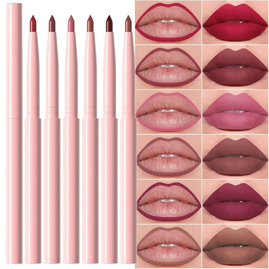 6 Pcs Retractable Natural Nude Brown Beige Colors Lip Liner Lipstick Pencils Set for Shaping & Sculpting Lips,Ruby Mauve Red Rose Pink Plum Purple Taupe Creamy Matte Velvet Pigmented Crayon