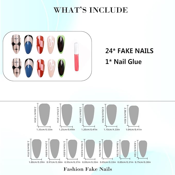 IMRAIN Press on Nails Medium Almond Fake Nails Glossy Glue on Nails Full Cover Black Blue Acrylic False Nails Stick on Nails for Women 24Pcs