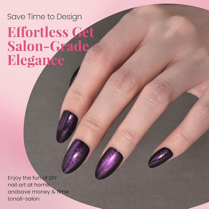 Cat Eye Purple Press On Nails Short Almond 30 Pcs, Designer Reusable Acrylic Fake Nails with Glue, Glossy Soft Gel Nails Wedding and Party, Stick On Glue On Nails, Nails fro Women Gift