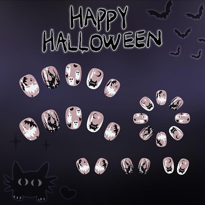 Short Almond Press on Nails Halloween Fake Nails White French Tips False Nails Ghost Love Bat Moon Black Flame with Star Design Glossy Full Cover Stick on Nail for Women Decor Nail Art Kit