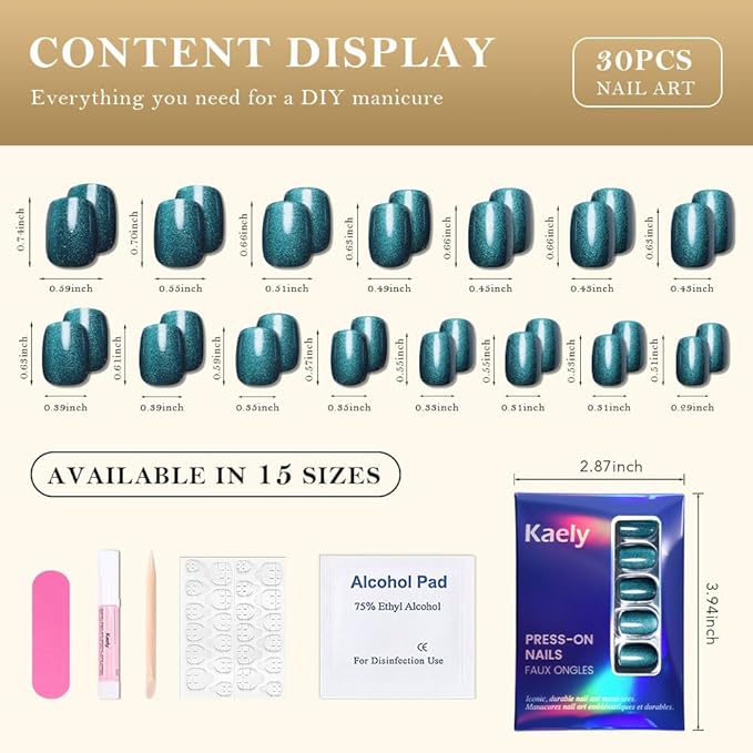 evpct Peacock Blue Cat Eye Press on Nails Short Square, Short Square Stick Glue on Nail for Women Gift, Sapphire Blue Metallic Glitter Reusable Gel Press on Acrylic Fake Nail with Cat Eye Designs