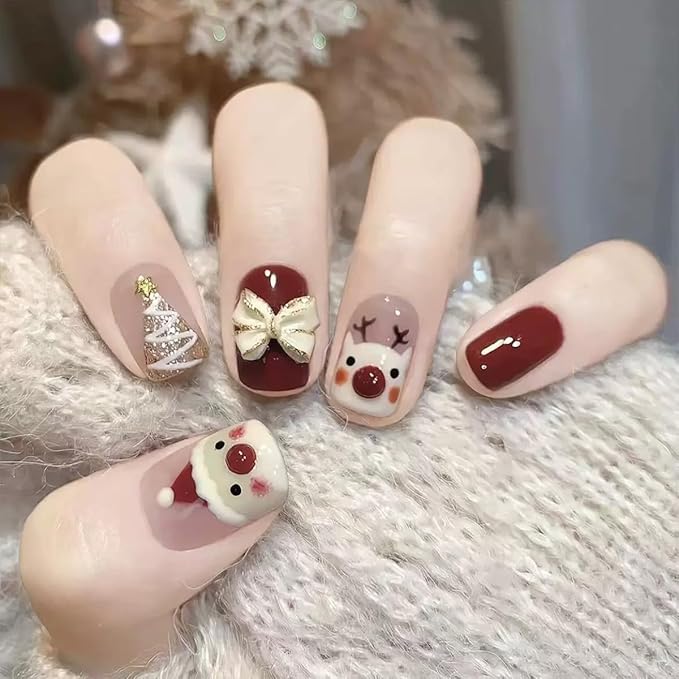 10Pcs Christmas Press on Nails Short Square Fake Nails with Bow Charms Design Cute Santa Claus Red Nose Elk False Nails Winter Christmas Stick on Nails for Women Girls Holiday DIY Acrylic Manicure