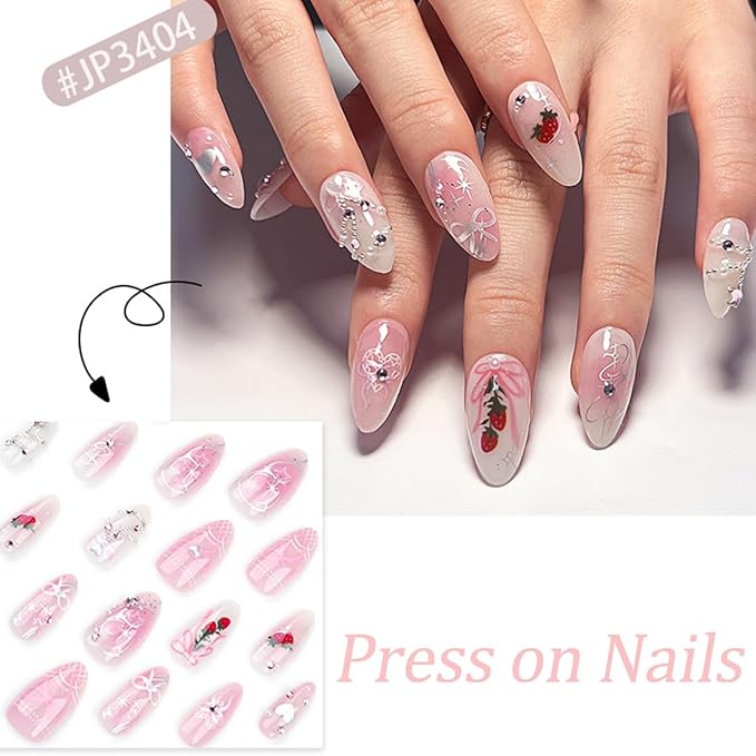 Long Almond Press on Nails French Tip Pink Fake Nails Bow Rhinestones with Strawberry Pattern Design Pearl False Nails Heart Stick on Nail Full Cover Reusable Acrylic Nail Art for Women 24 Pcs