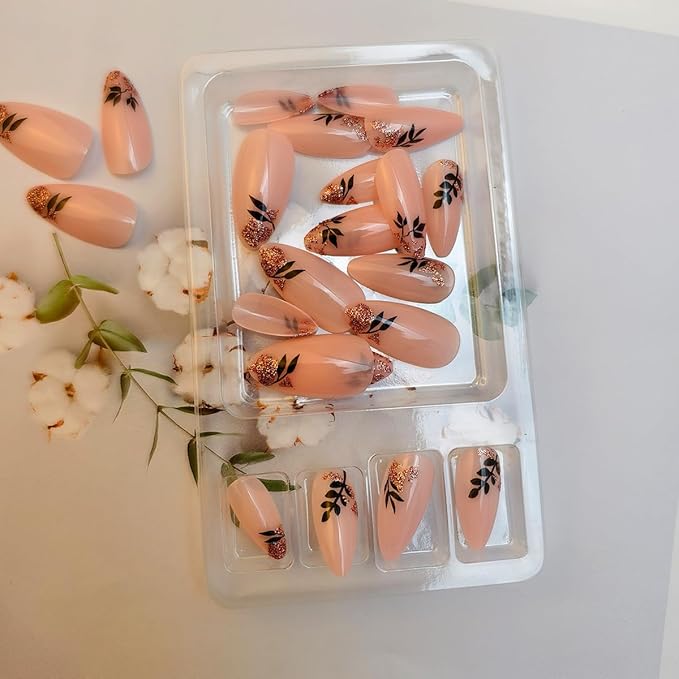 24Pcs Almond Press on Nails Medium Length Fake Nails Black Leaf with Designs False Nail Nude Pink Full Cover Fall Acrylic Nail Tips Glitter Cute Leaves Autumn Winter Stick on Nails for Women