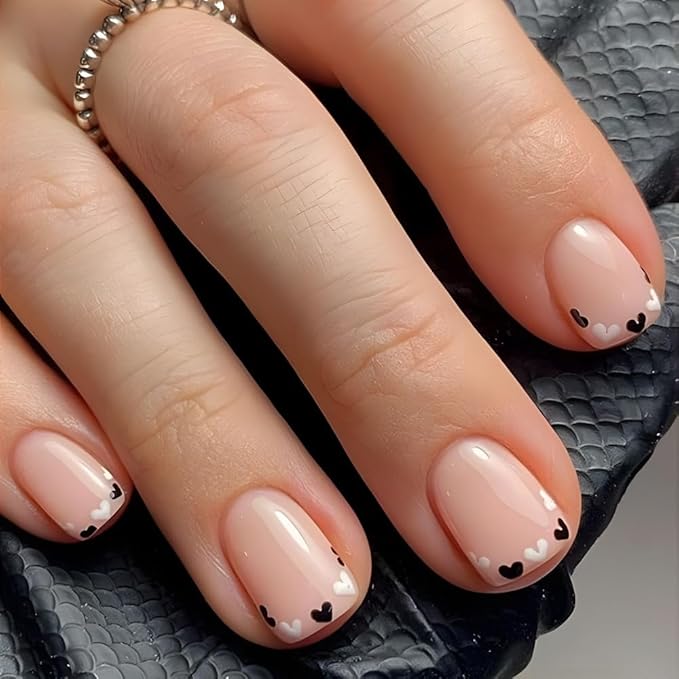 Short Square French Tip Fake Nails with Heart Love Design - Cute Nude Nature Squoval False Glossy Glue on Nails 24 Pcs