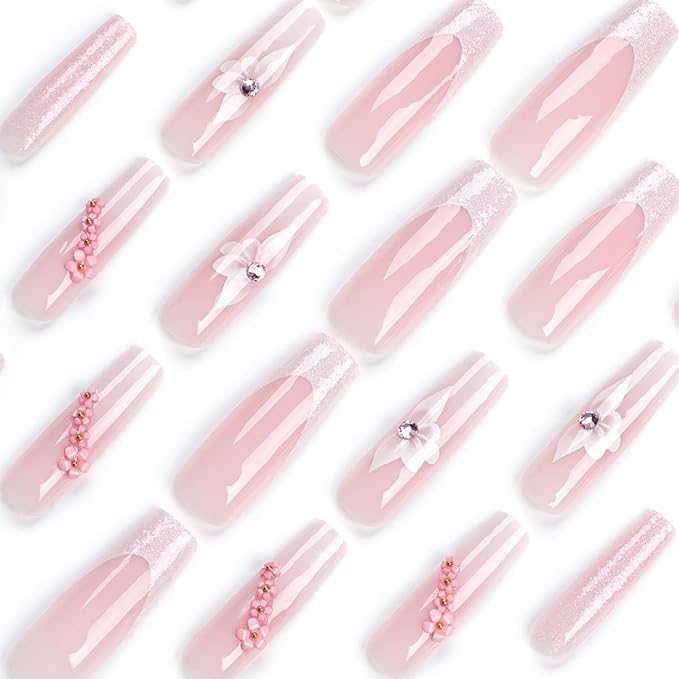 French Tip Press on Nails White Flower Gradient with Sparkling Rhinestones Long Square Glitter Fake Nails Full Cover Luxury Glue on Nails for Women 24PCS