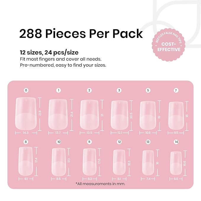 Beetles Short Square Nail Tips, 12 Sizes 288pcs French Full Matte Soft Pre-shaped Etch X Nail Tips, Full Cover False Nails Fake Acrylic Nails No Filing Needed for Nail Extensions Home DIY Nail Salon