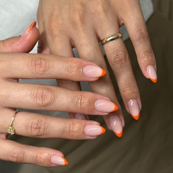 30 Pcs Orange French Tip Press on Nails Short Almond, Acrylic Fake Nails with Glue Medium Stiletto Shape, Acrylic Natural Glue on Nails for Women, 15 Sizes