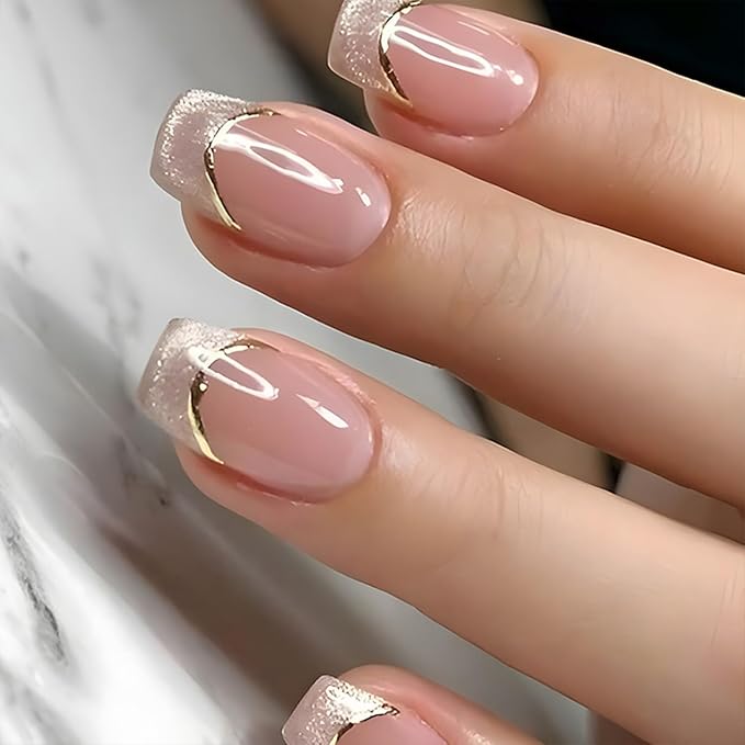 24Pcs French Tip Press on Nails Short Square Fake Nails with Silver Glitter Gold Line Design Nude Full Cover Artificial Glue on Nails Cute False Nails Stick on Nails Spring Artificial Nails for Women